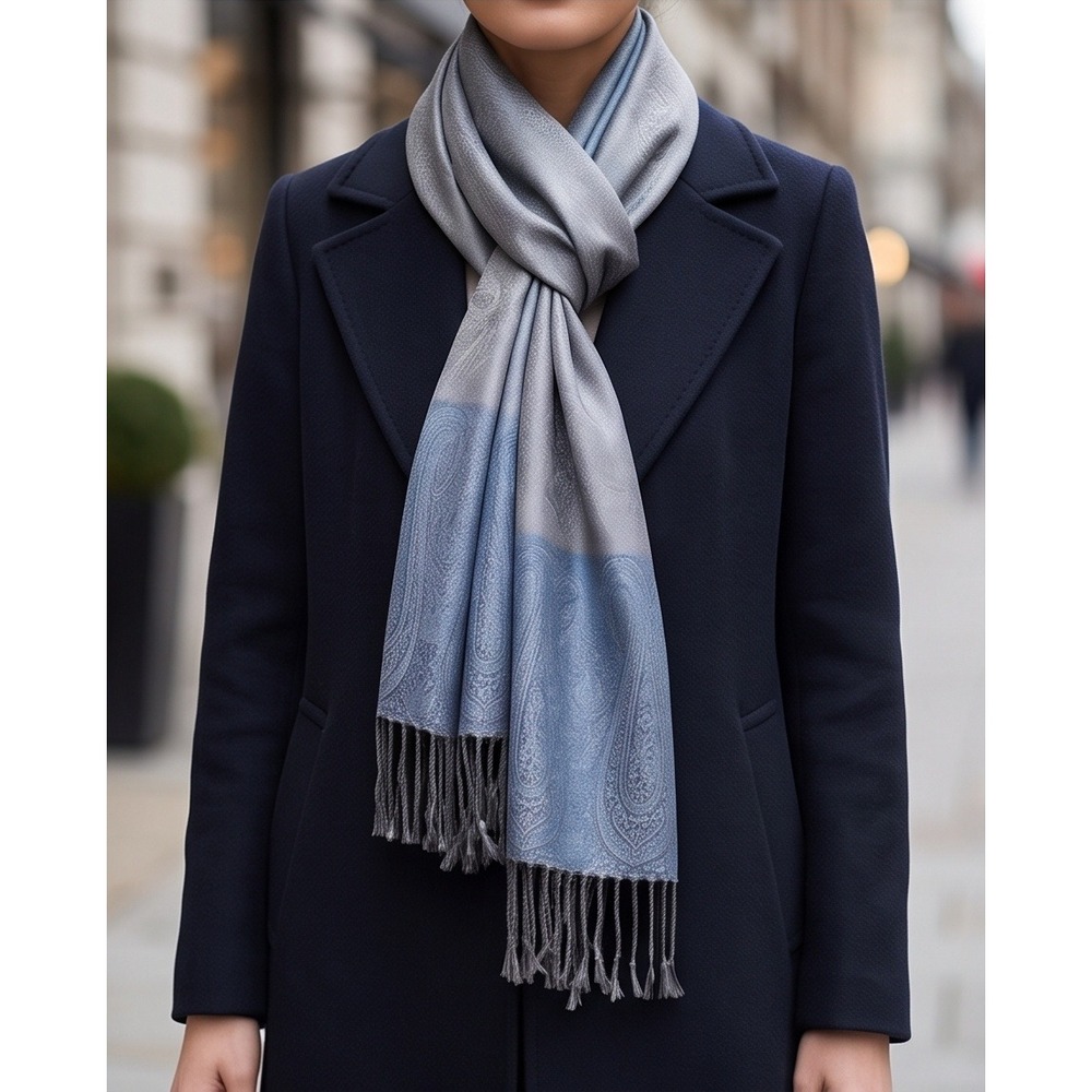 Nicole Paisley Pashmina Shawl Scarf Grey Blue Fringed Designer Wrap NEW